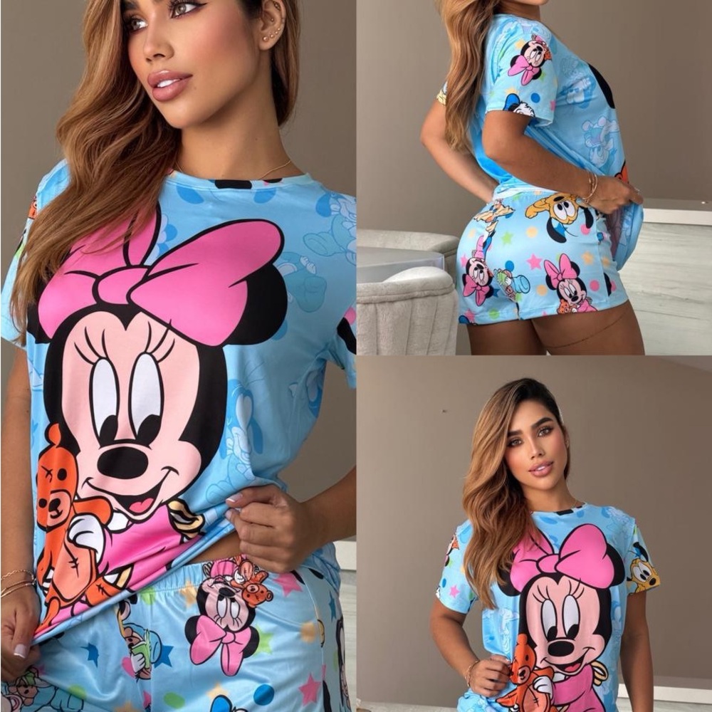 Disney Women's Blue and Pink Minnie Mouse Pajama Set